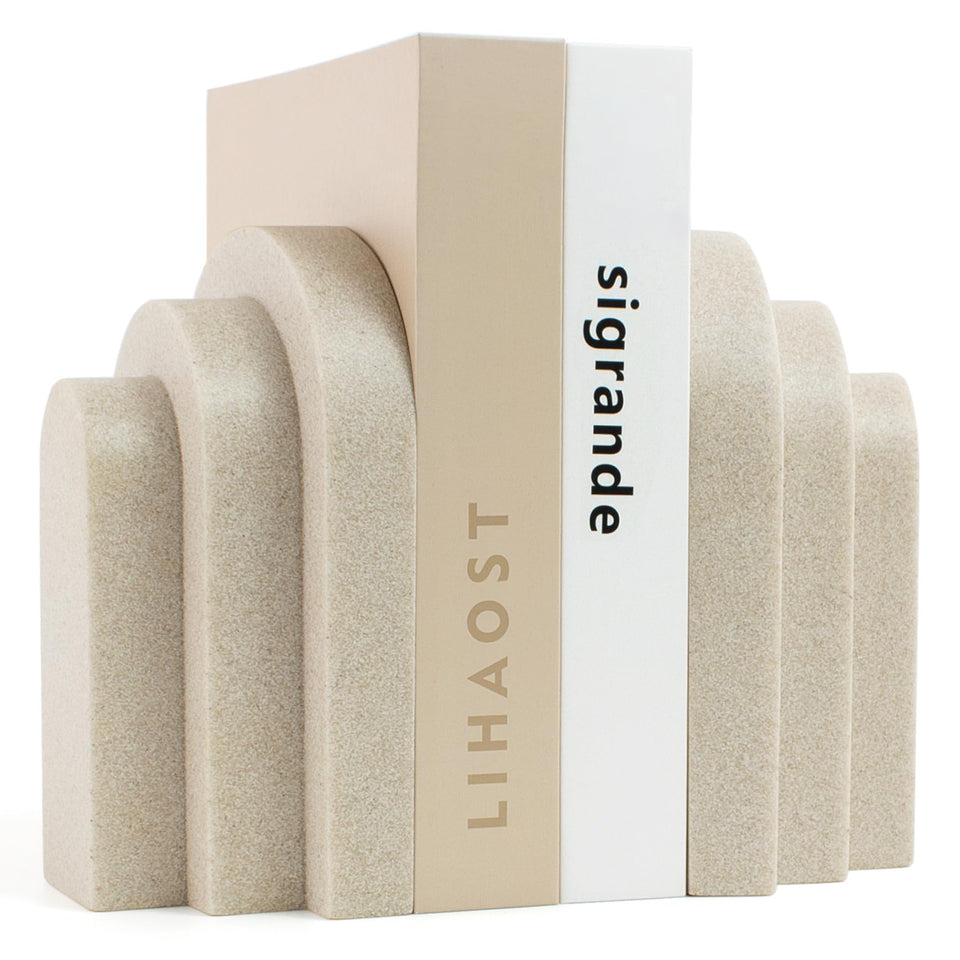 LIN CHUAN heavy-duty bookends stabilize heavy volumes on a bookshelf