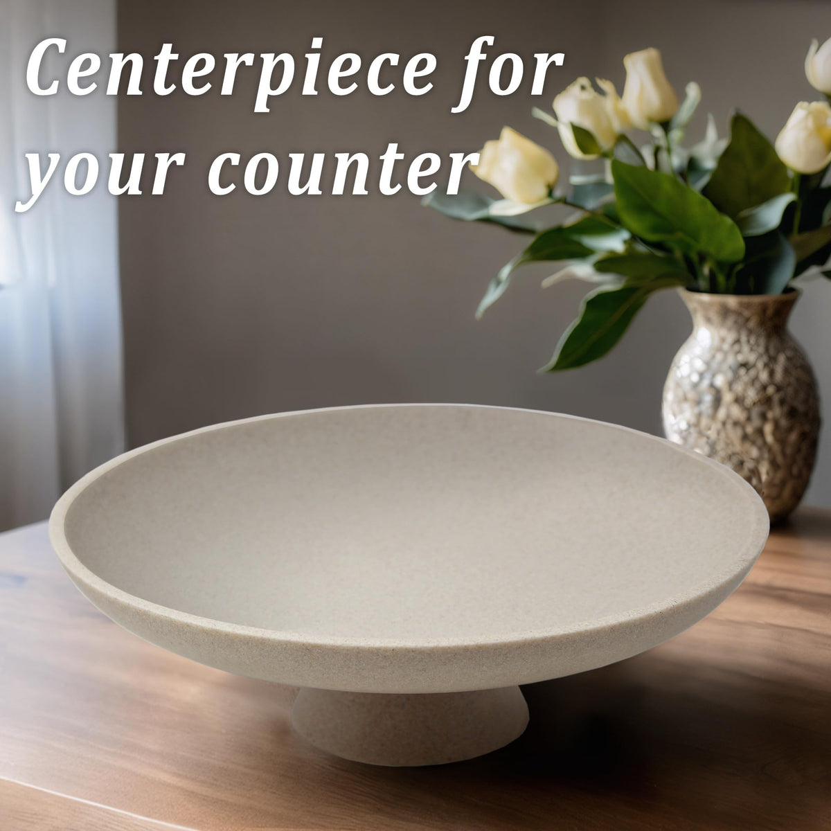 LIN CHUAN beige resin bowl on a pedestal highlights texture in a close-up view.
