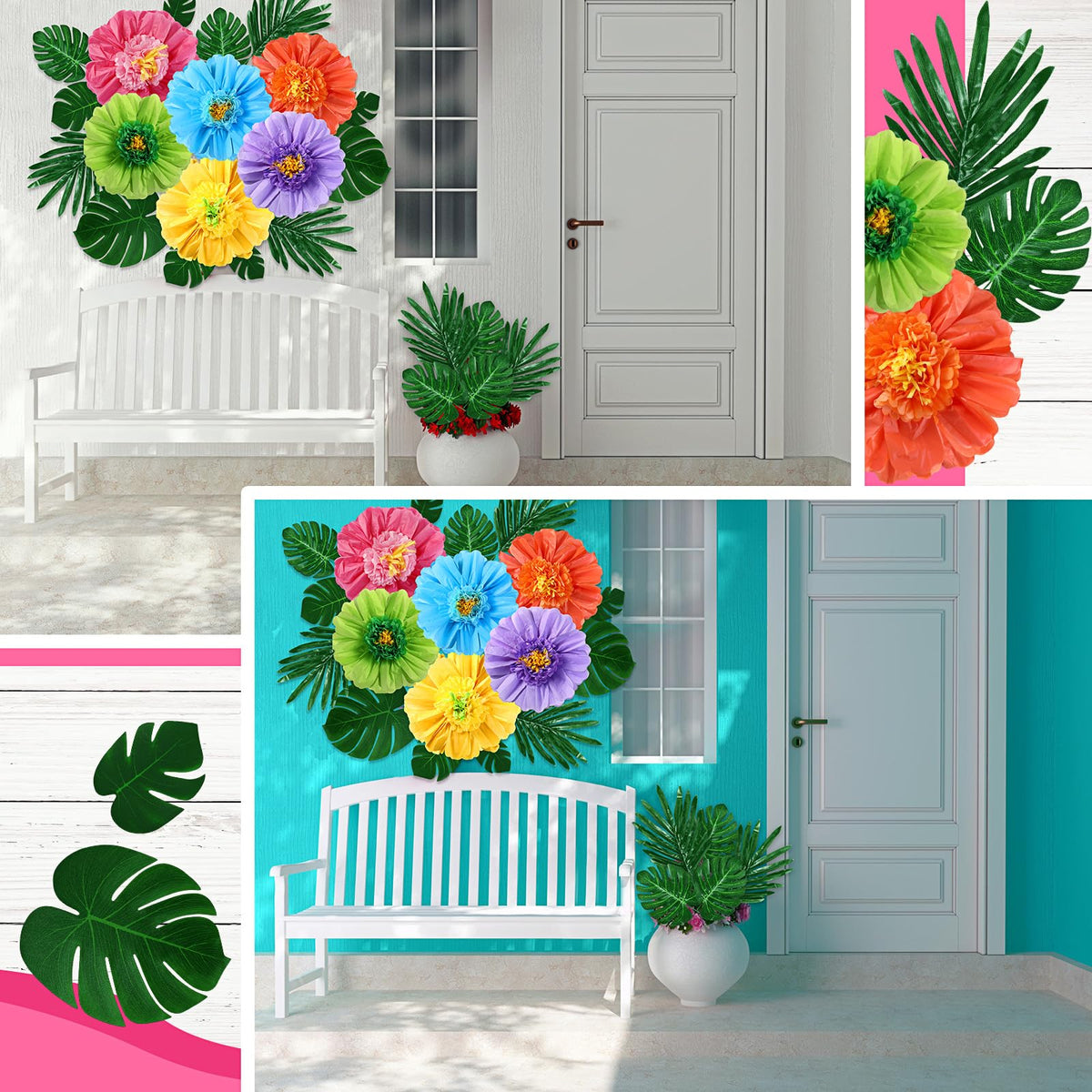 Lincia 34-pack faux palm leaves create lush backdrop.