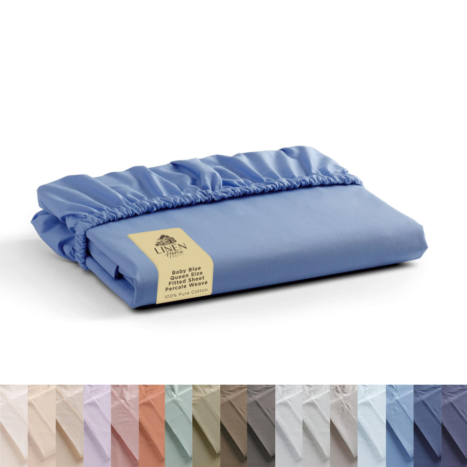 Linen Home 100% cotton percale fitted sheet in baby blue with snug queen fit.