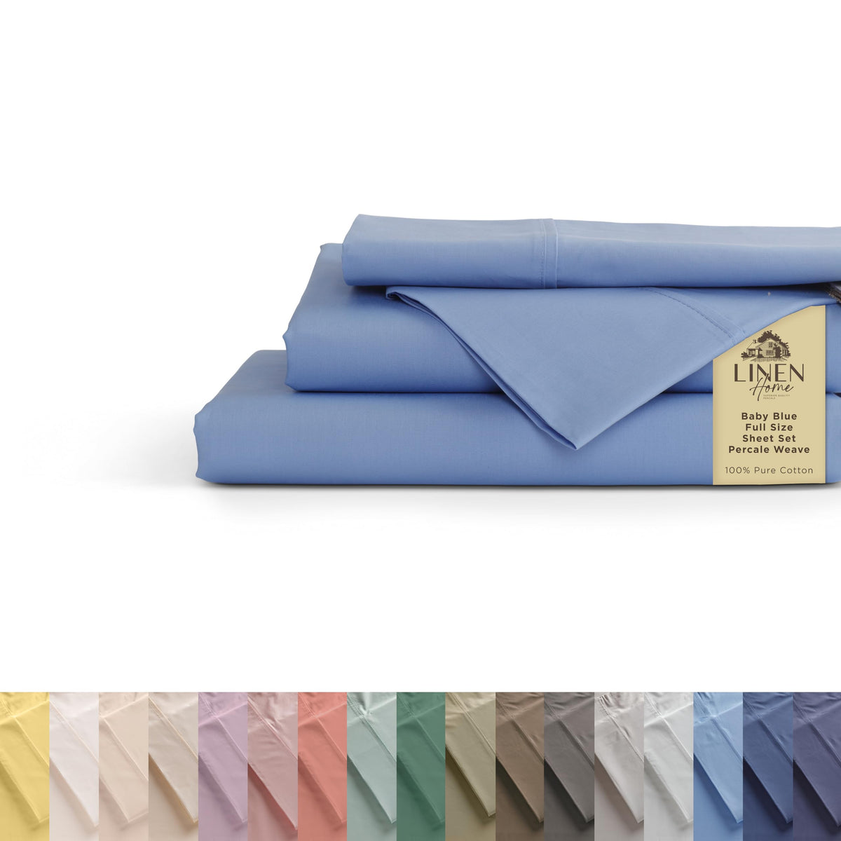Linen Home baby blue percale sheet set on a bed for crisp comfort.