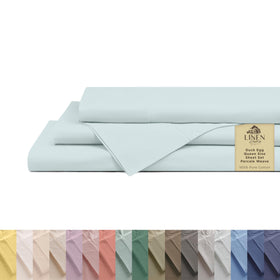 Linen Home blue duck egg percale flat sheet shows a crisp, cool sleeping surface.