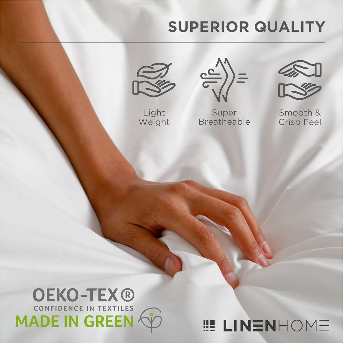 Linen Home colorways in taupe and sage coordinate premium bedding