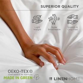 Linen Home colorways in taupe and sage coordinate premium bedding