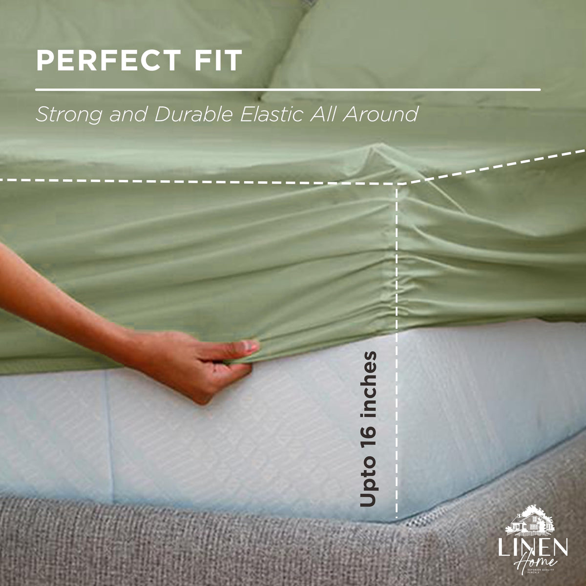 Linen Home deep-pocket 16in fit viewed at angle for secure mattress hold.