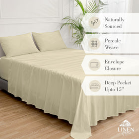 Linen Home deep-pocket fitted sheet close-up demonstrates secure 15-inch mattress fit.