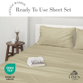 Linen Home deep-pocket fitted sheet fits up to 15 inches for secure mattress enclosure.