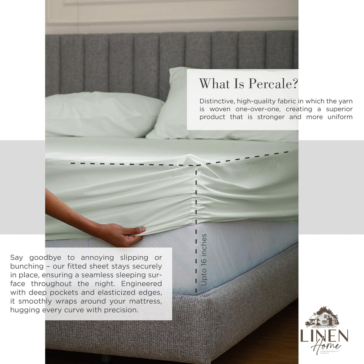 Linen Home close-up shows tight weave and lasting crispness of percale fabric