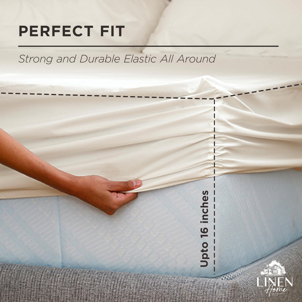 Linen Home king sheet on bed highlighting secure elastic edge