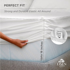 Linen Home king-size fitted sheet on a bed showing full coverage and smooth finish.