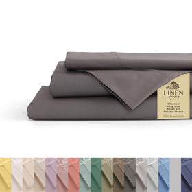 Linen Home king-size charcoal percale sheets with crisp hotel-grade weave for cool sleep.