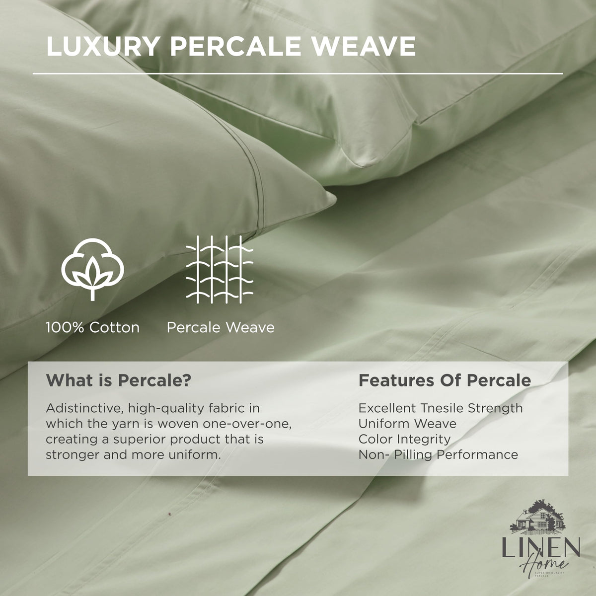 Linen Home 100% cotton percale queen sheet close-up fabric highlighting crisp weave.