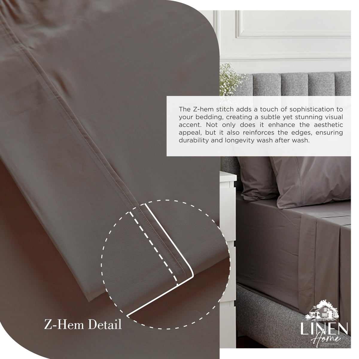 Linen Home charcoal pillowcases close-up with smooth feel and durable stitching