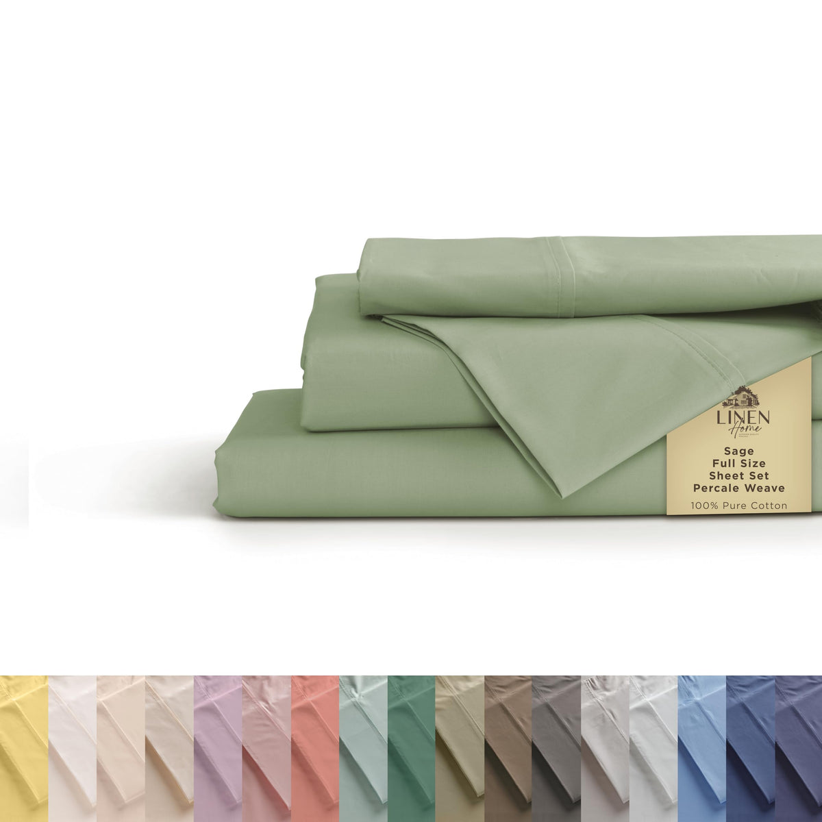 Linen Home 100% cotton percale flat sheet in sage for a crisp cool sleep.