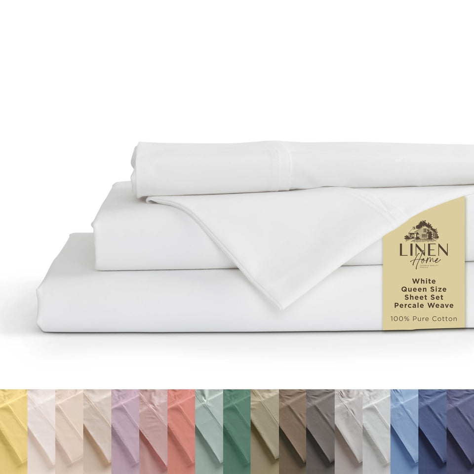 Linen Home Percale flat-sheet close-up shows hotel-quality crispness and durability