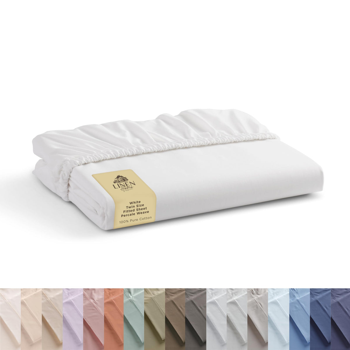 Linen Home twin fitted sheet in white shows crisp percale texture and hotel-grade feel.