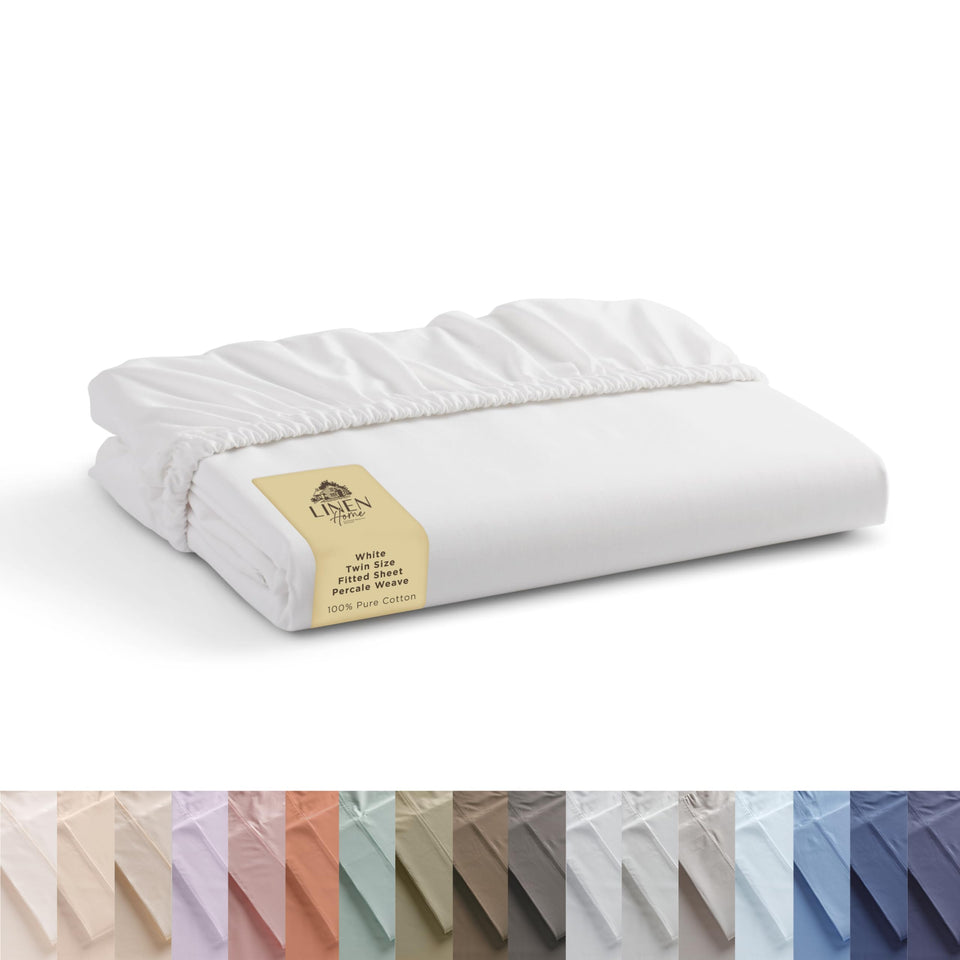 Linen Home twin fitted sheet in white shows crisp percale texture and hotel-grade feel.