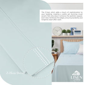 Linen Home pillowcases in duck egg color shielding pillows for smooth comfort.