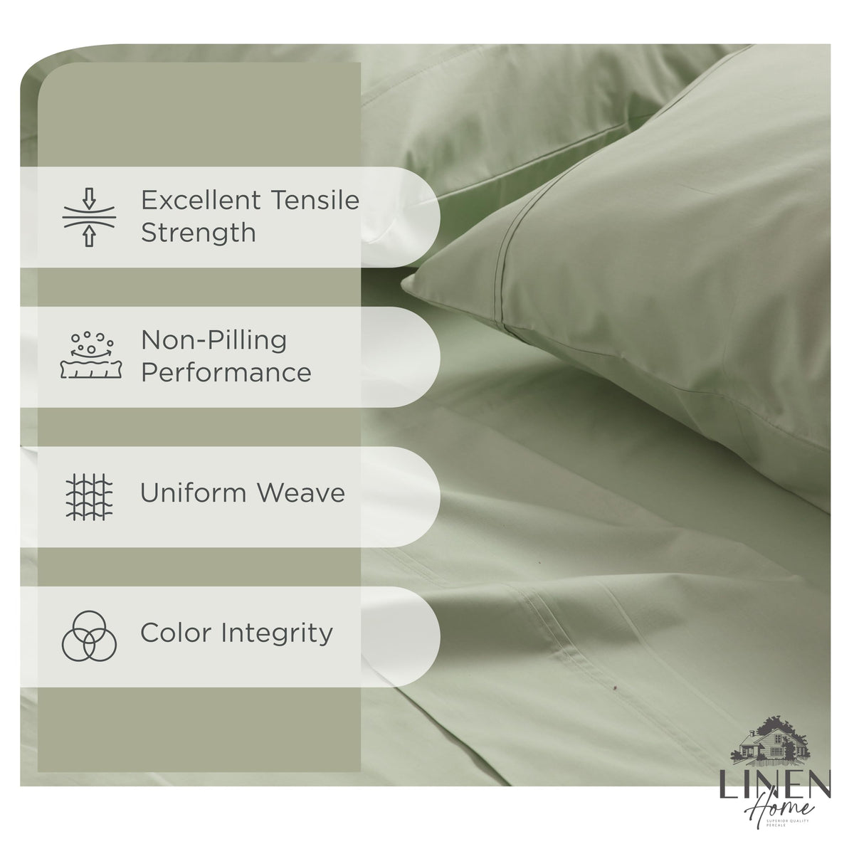 Linen Home sage percale fitted sheet deep pocket demonstrates secure fit.