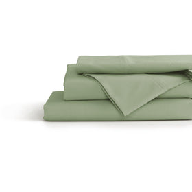 Linen Home sage percale flat sheet visible for hotel-like crisp sleep.
