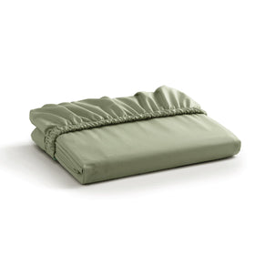Linen Home Sage queen fitted sheet side view showing deep-pocket fit for secure wrapping.
