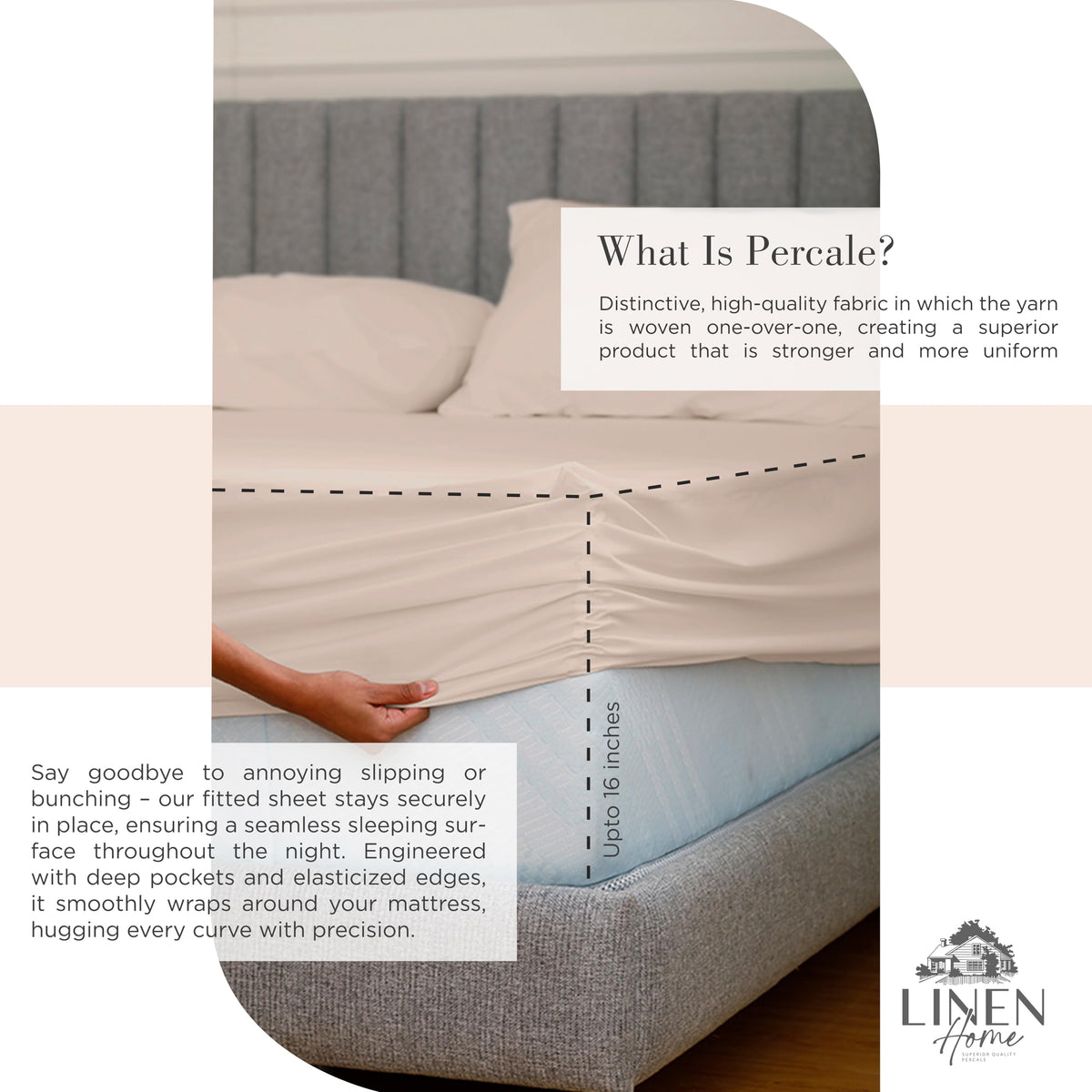 Linen Home sand shell deep-pocket detail shows secure fit on your mattress.