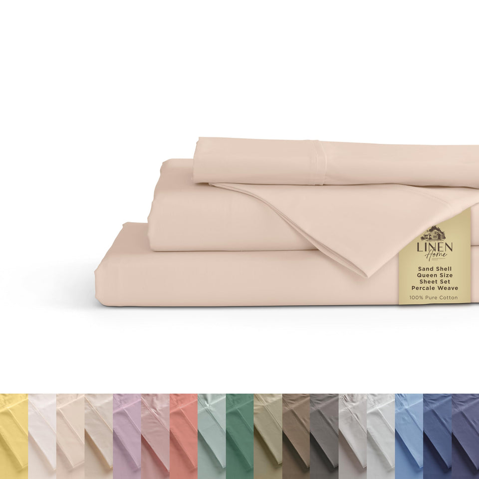 Linen Home sand shell flat sheet offers crisp percale comfort for cool nights.