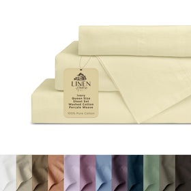 Linen Home ivory percale sheet set close-up shows breathable, cool fabric.
