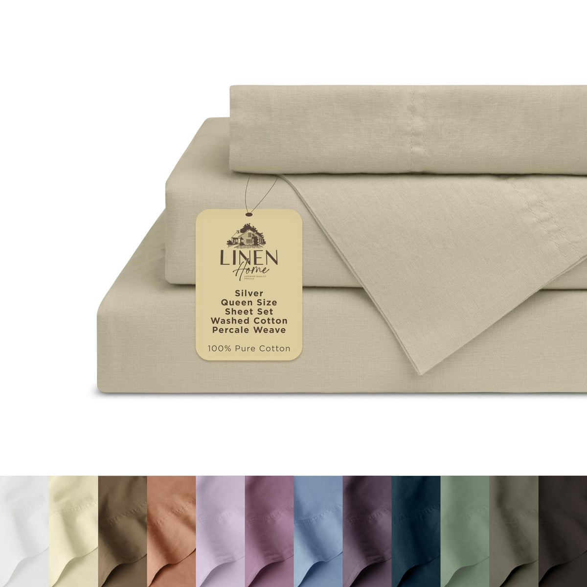 Linen Home washed cotton percale queen sheet set in silver for cool, breathable sleep.