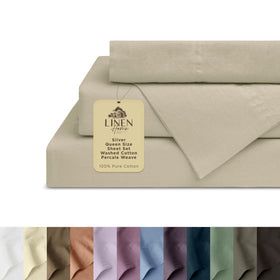 Linen Home washed cotton percale queen sheet set in silver for cool, breathable sleep.
