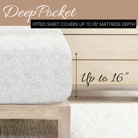 Linen Market bedroom scene showcasing the gray floral sheets in a calm room