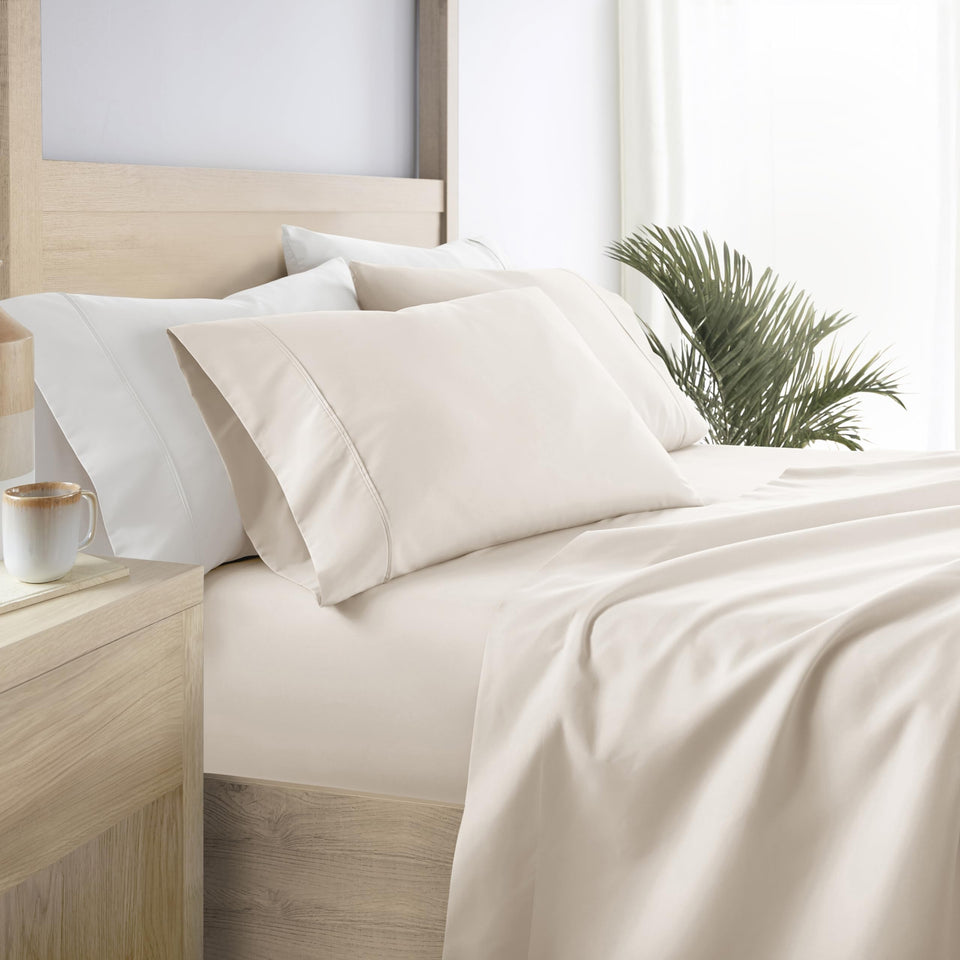 Linen Market double-brushed microfiber queen sheet set ivory closeup fabric shows ultra-soft texture.