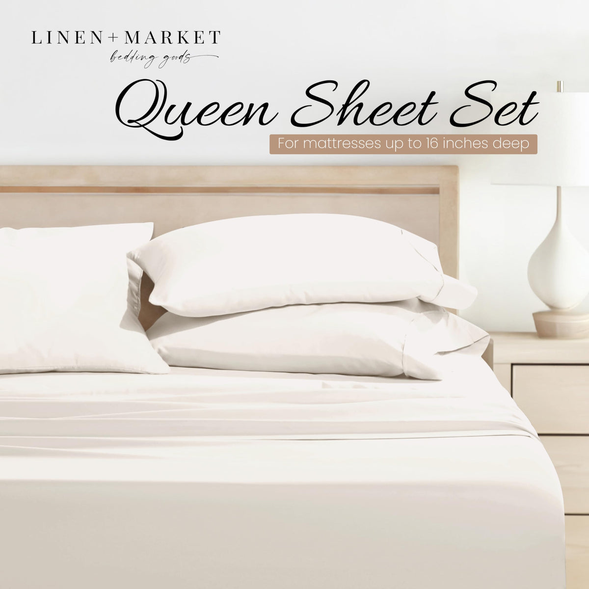 Linen Market ivory queen sheet set on bed illustrates easy-care, wrinkle-free finish.