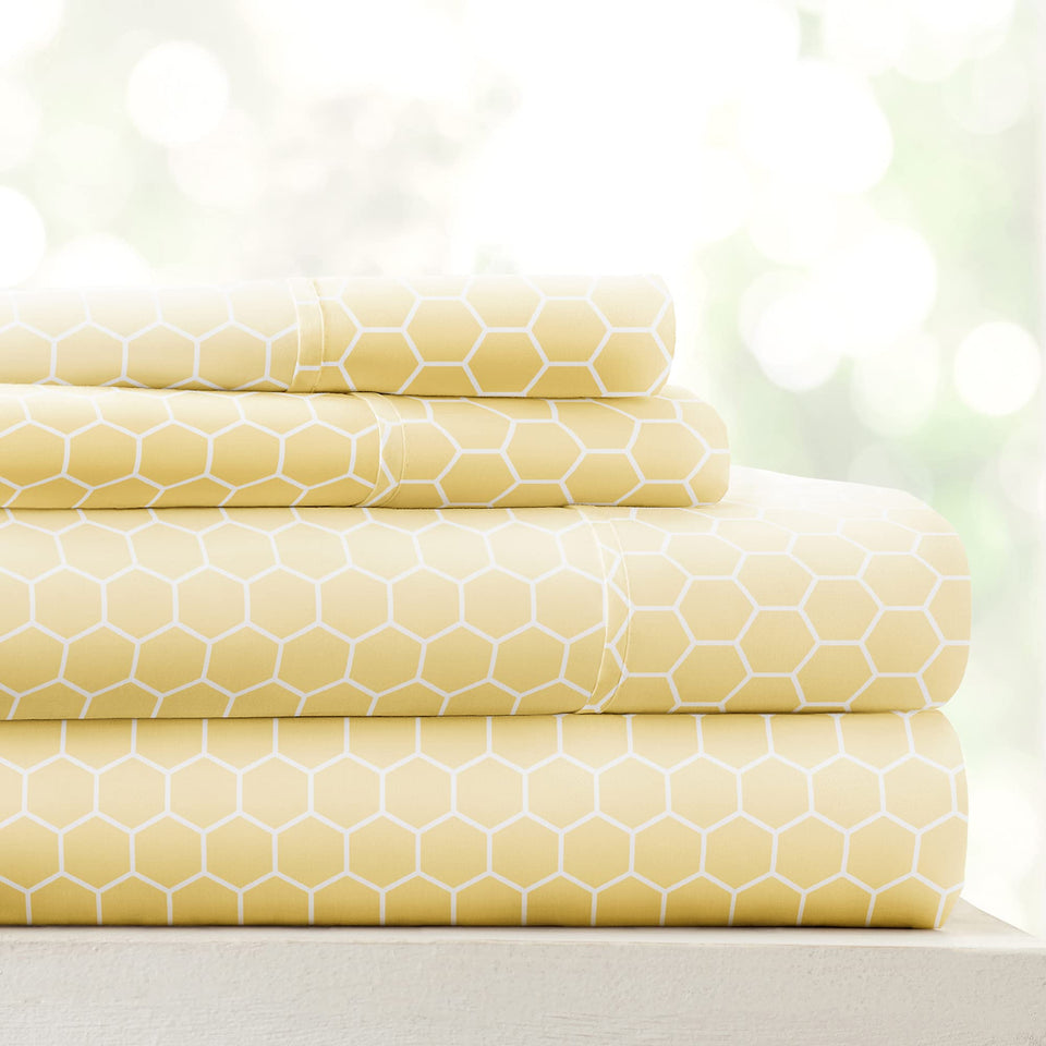 Linen Market patterned microfiber queen sheet set honeycomb yellow closeup highlighting soft breathability