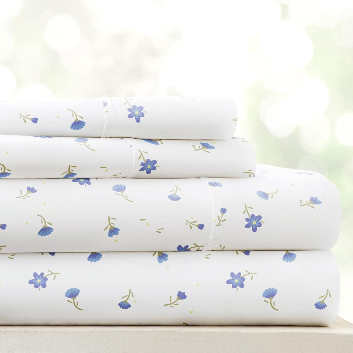 Linen Market Soft Floral Light Blue queen sheet set highlighting cozy style and easy care.