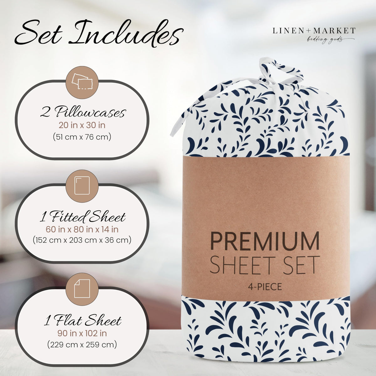 Wrinkle-free Linen Market bed setup with Burst of Vines Navy sheets