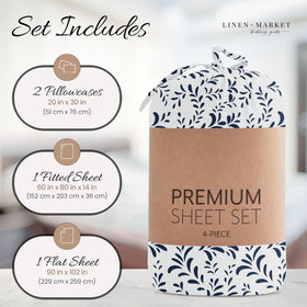 Wrinkle-free Linen Market bed setup with Burst of Vines Navy sheets