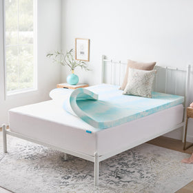 Linenspa gel swirl memory foam topper on a queen bed, offering plush comfort