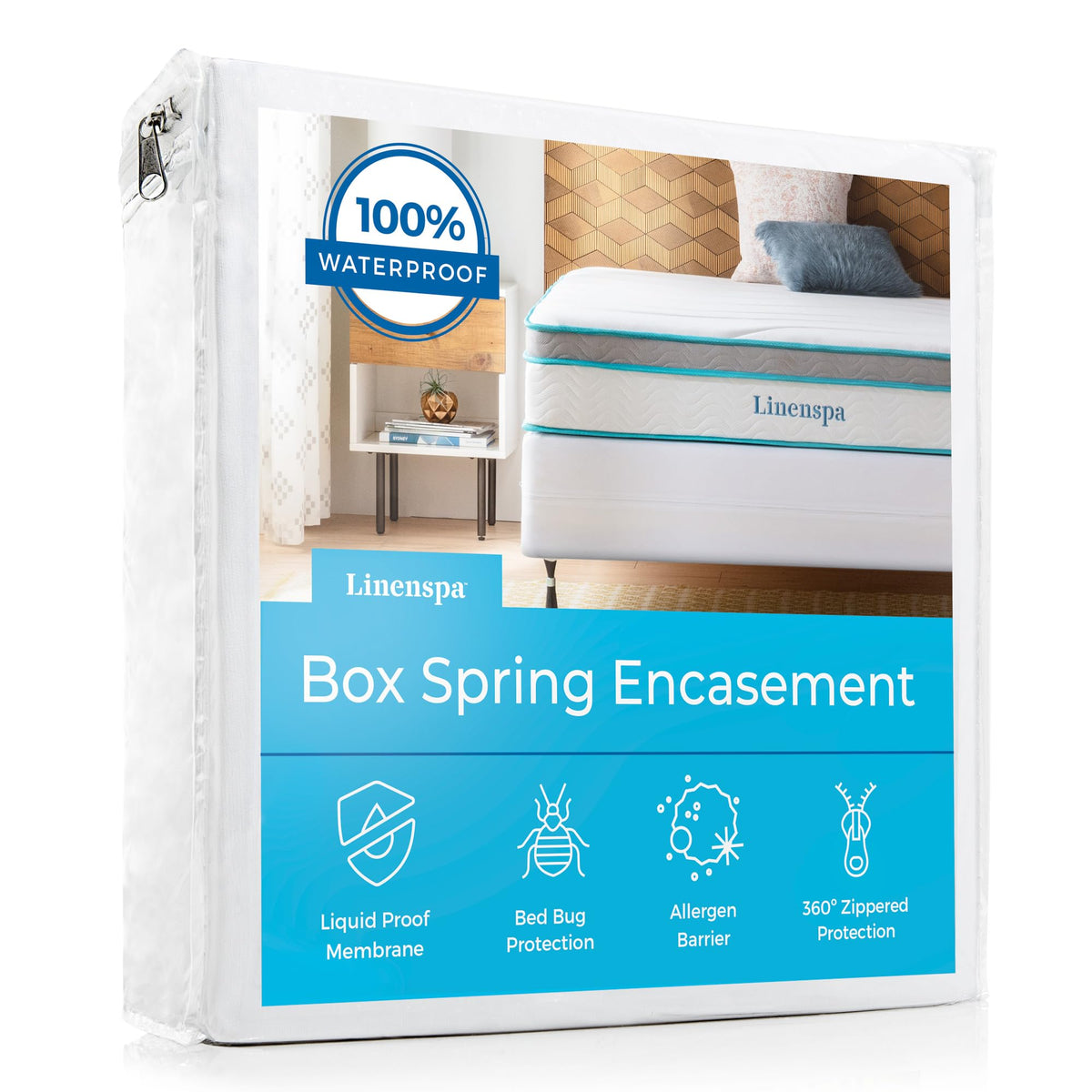 Linenspa box spring encasement with 360° protection guarding bed from spills and accidents