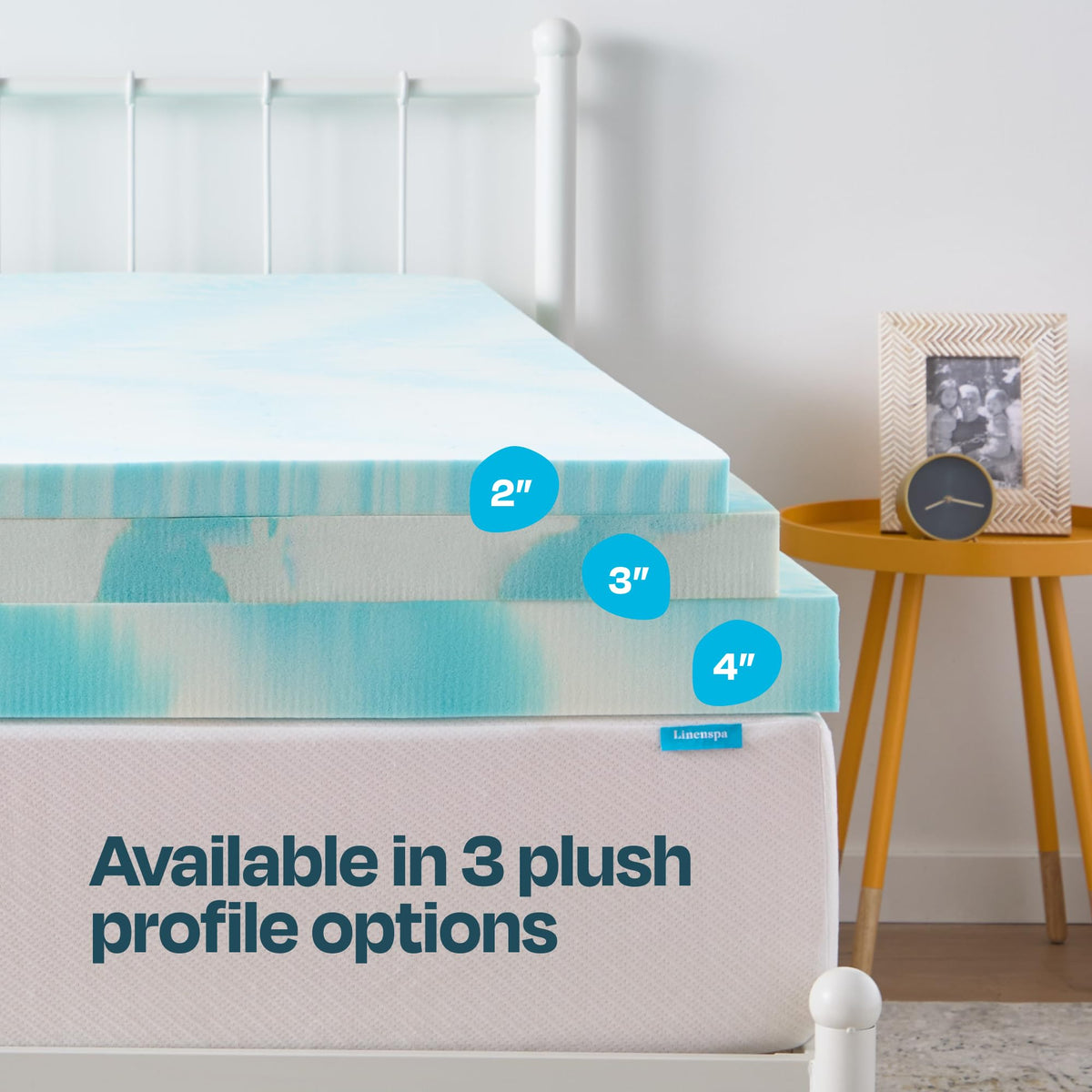 Linenspa topper showing 2, 3, or 4 inch profile options for comfort