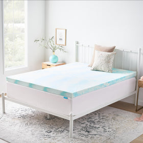 Linenspa queen size topper placed on bed with standard sheets