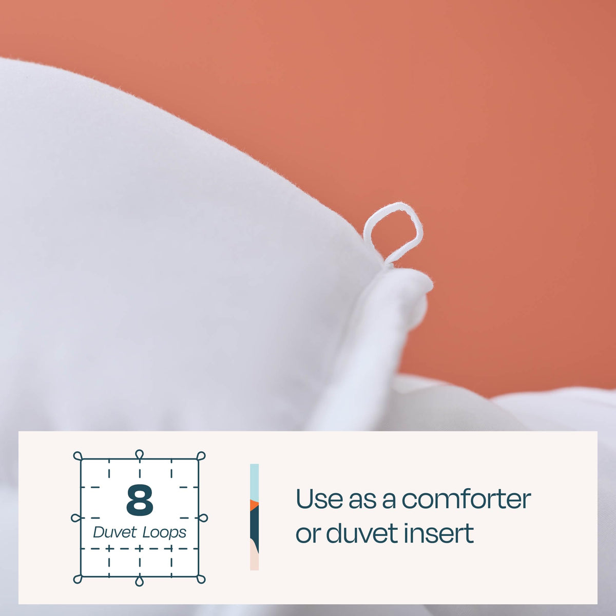 Linenspa on-bed shot showcasing all-season warmth with a clean white look.
