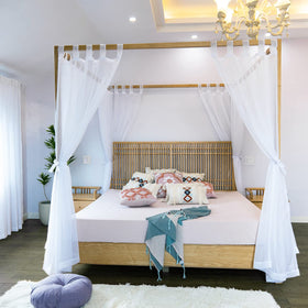 Linentalks sheer canopy curtains for king bed provide airy, romantic ambience.