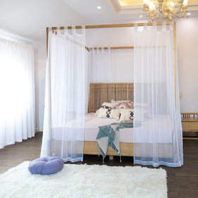 Linentalks sheer canopy curtains for queen bed add soft, dreamy light.