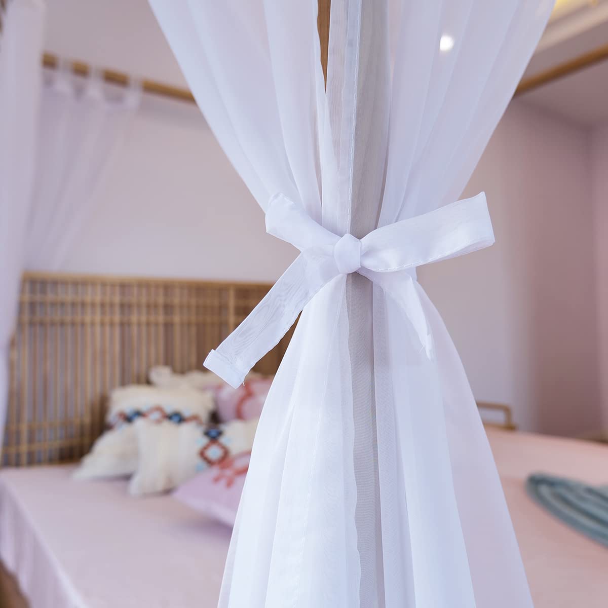 Linentalks white voile canopy curtains diffuse light with airy softness.