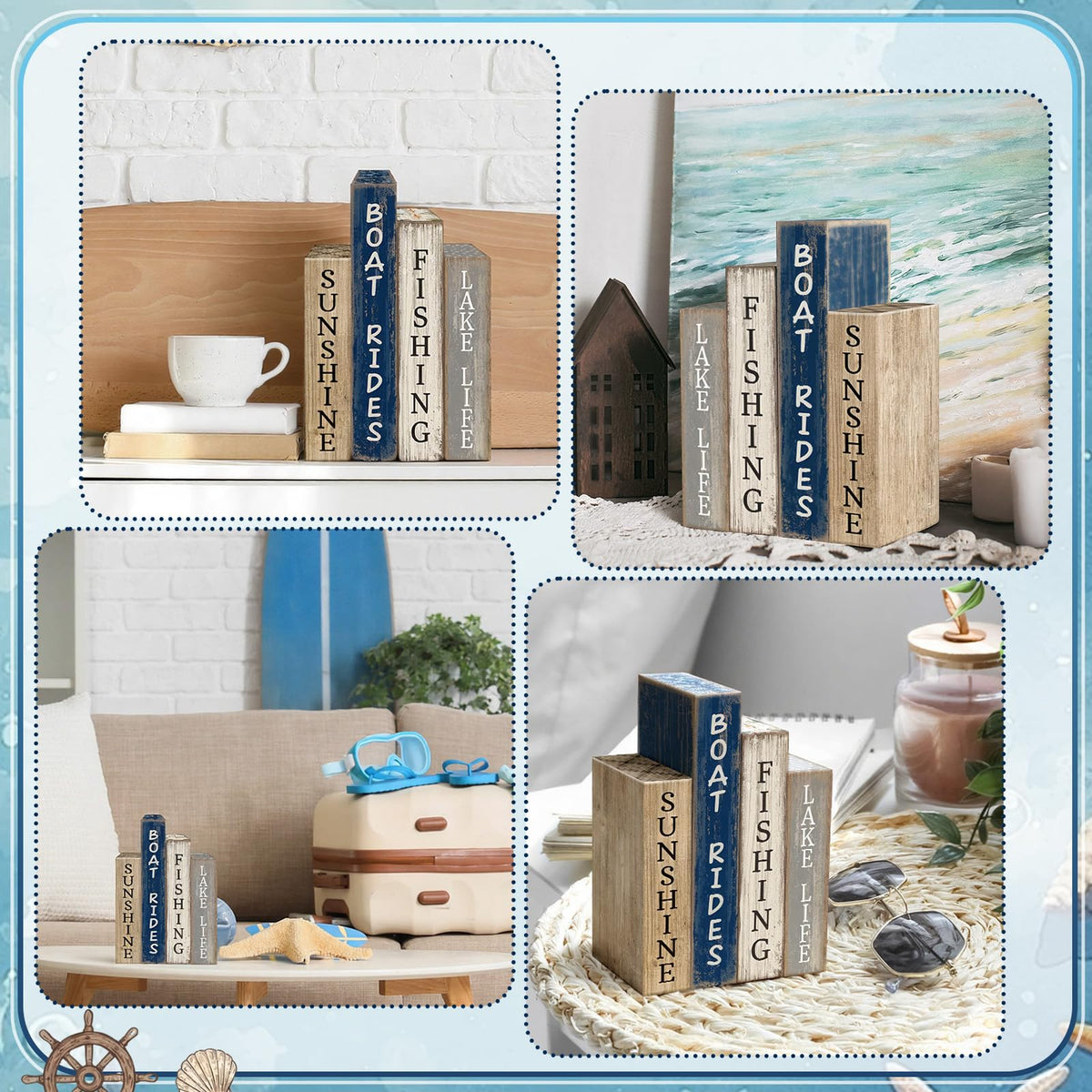 Lineshading blue gray white blocks create rustic coastal mood.