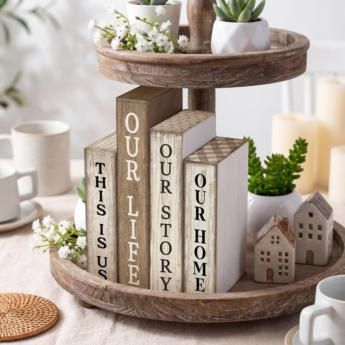 Lineshading block sign with Our Home on a shelf for a warm room.