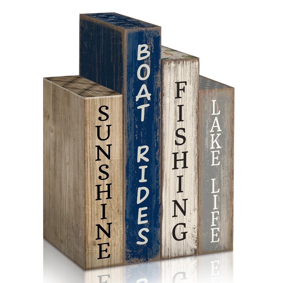 Lineshading lake life book-stack decor sits on a shelf, adding coastal warmth.