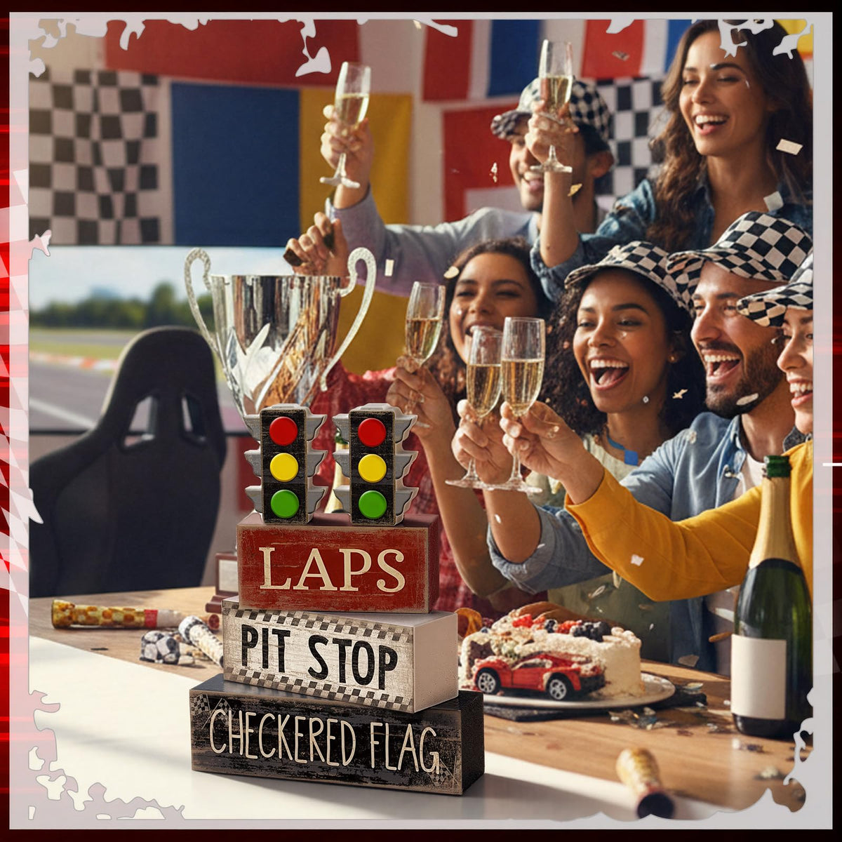 Lineshading race car photo prop kit sparks memorable party photos.