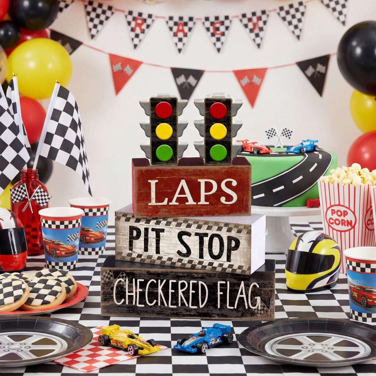 Lineshading race car table decor 1 adds a playful centerpiece for kids' parties.